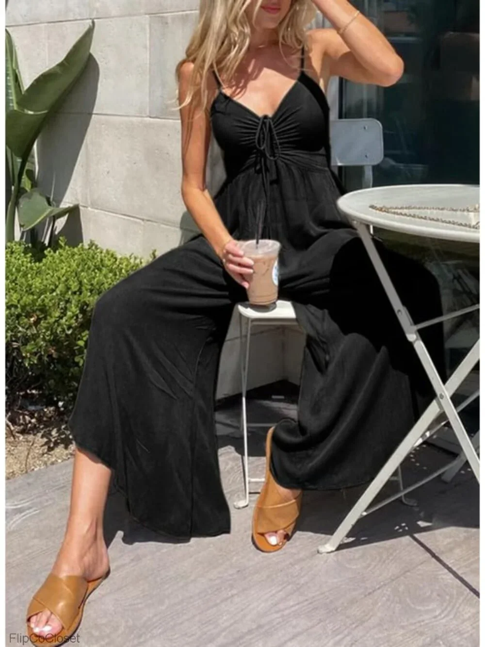 Spaghetti Strap Wide Leg Jumpsuit Romper with Pockets